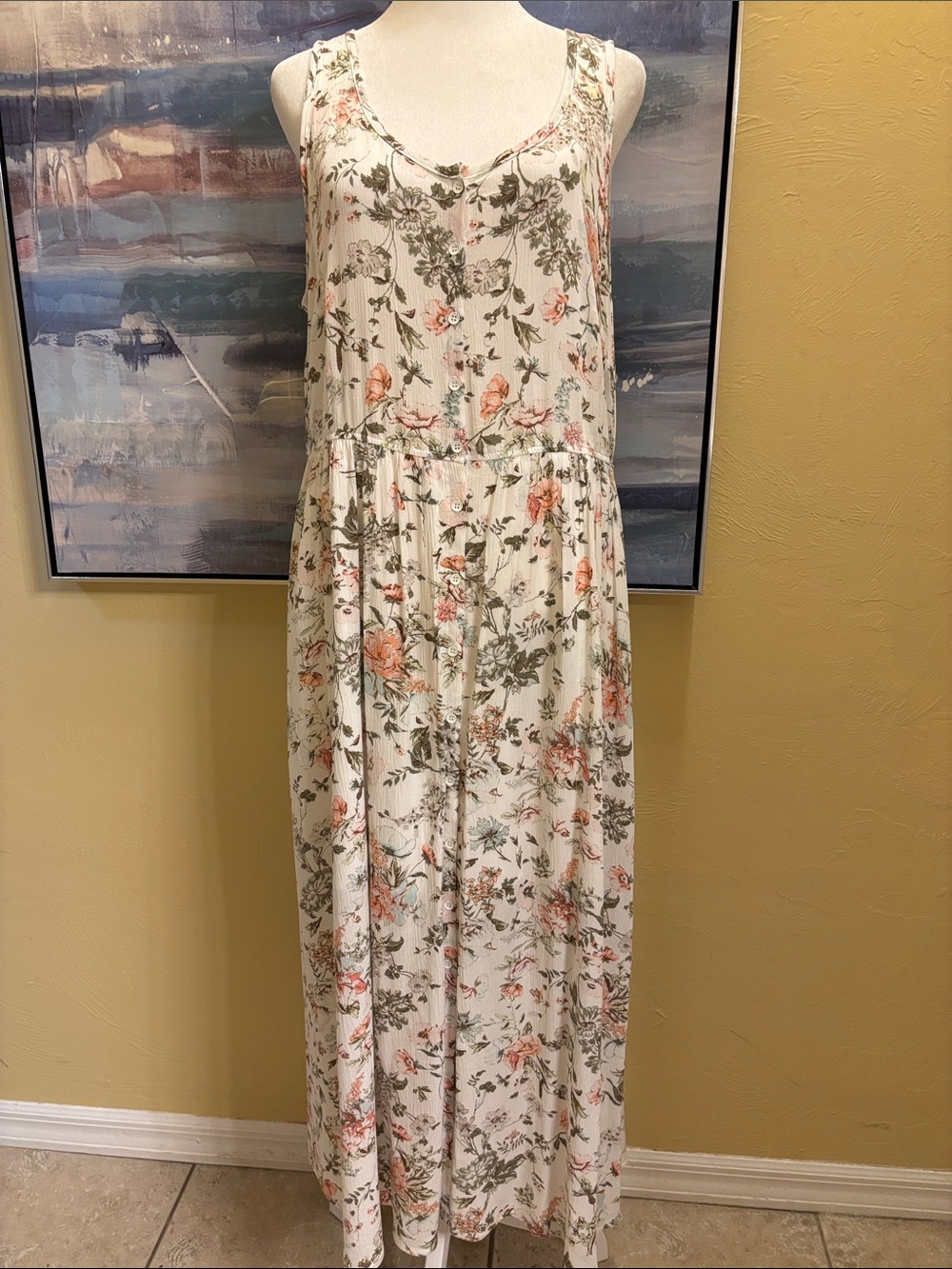 Frye Cream Maxi Dress with Peach Floral Print